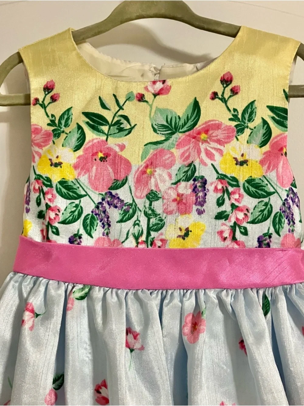 Nanette Kids Girls Sz 3T Yellow Floral Shantung Dress Pink Sash Tie Heart Cutout